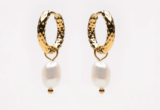 Hammered Pearl Hoop Earrings