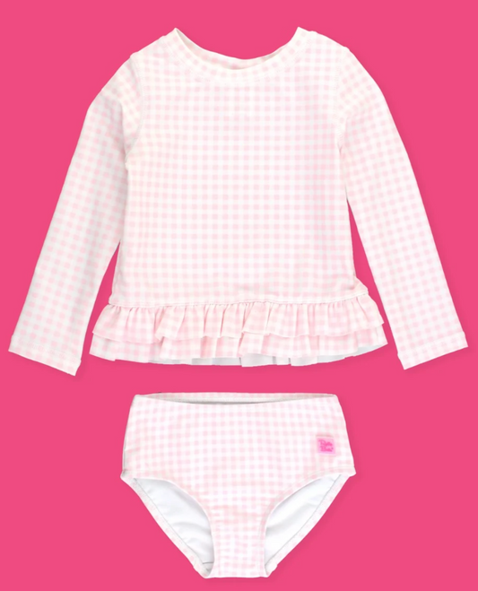 Pink Gingham Ruffle Hem Rash Guard 2 Piece