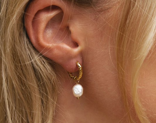Hammered Pearl Hoop Earrings